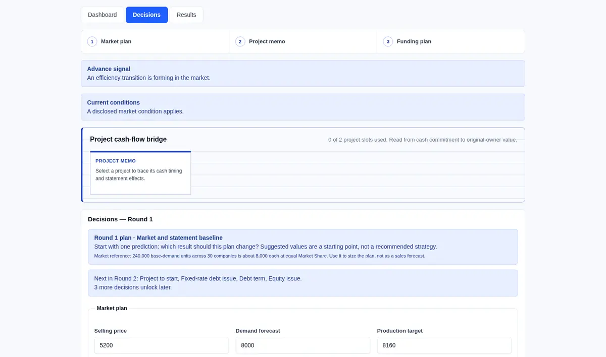 Synthetic student decision screen for heat-pump factory investment and funding.