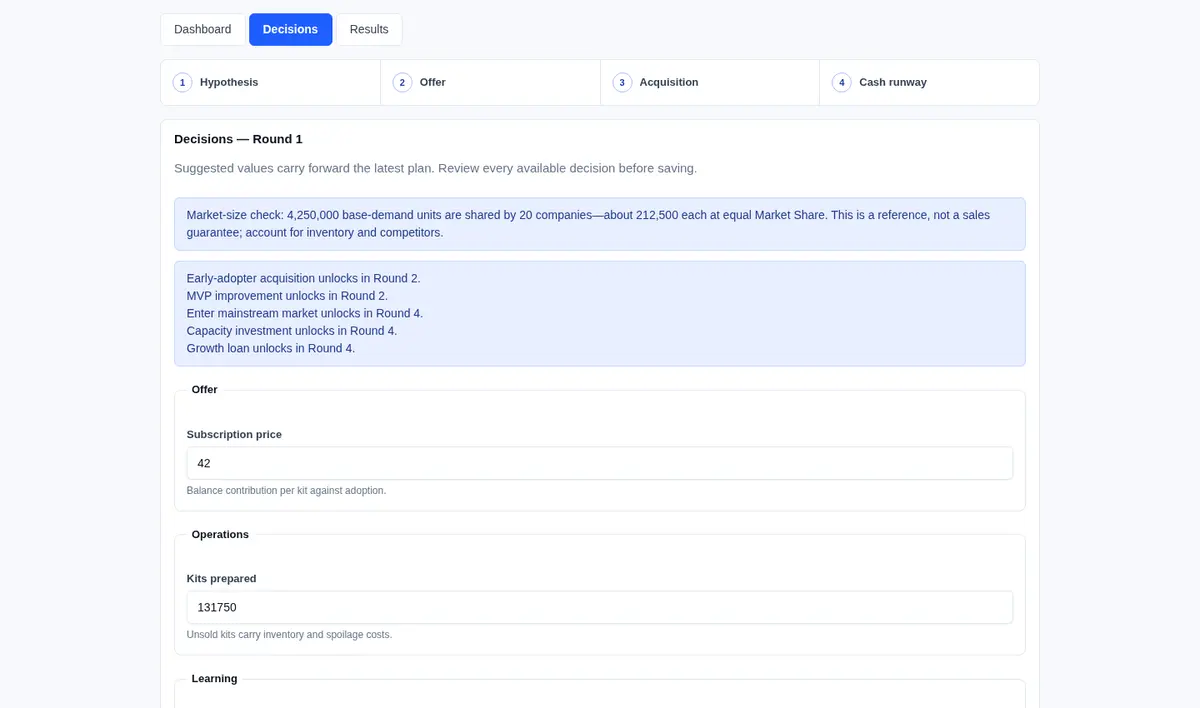 Synthetic student decision screen for a meal-kit startup offer, operations, and learning plan.