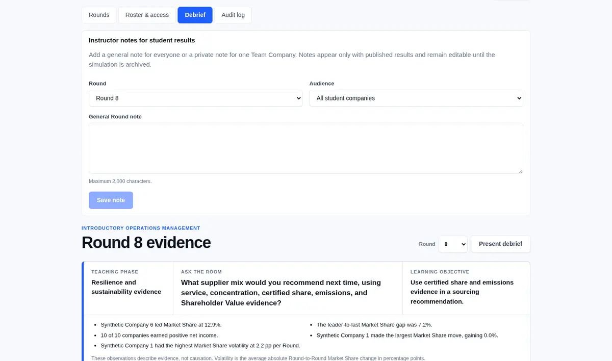 Synthetic instructor analytics comparing service, landed cost, and resilience.